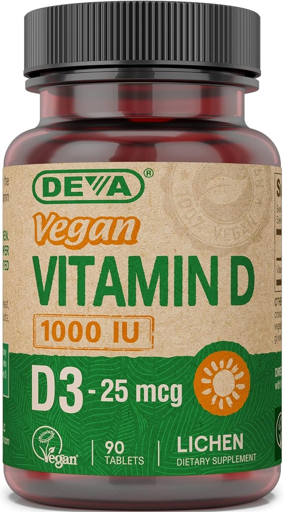 DEVA Supplément Vitamine D3 végétalienne - Comprimé une fois par jour avec 1000 UI - Cholecalciferol - Plantes de lichen dérivées - 90 petits comprimés