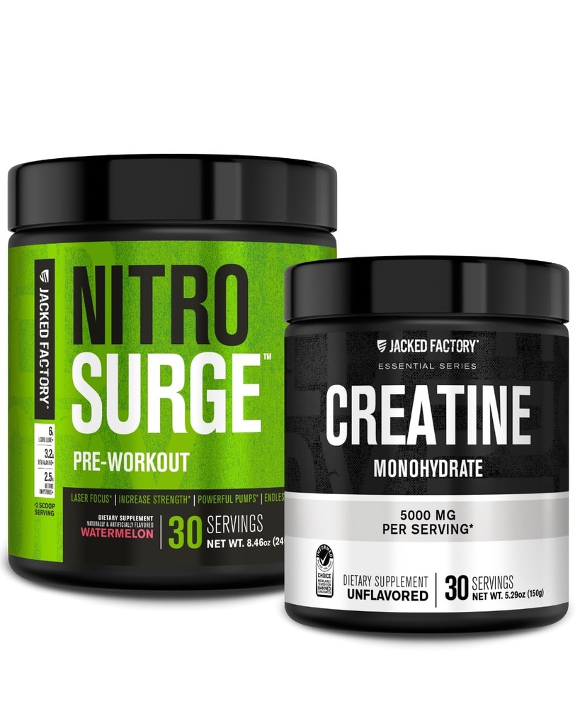 Supplément pré-entraînement NITROSURGE - Pompes intenses (30 portions, pastèque) et poudre monohydratée de créatine pour la croissance musculaire (30 portions, non aromatisées)