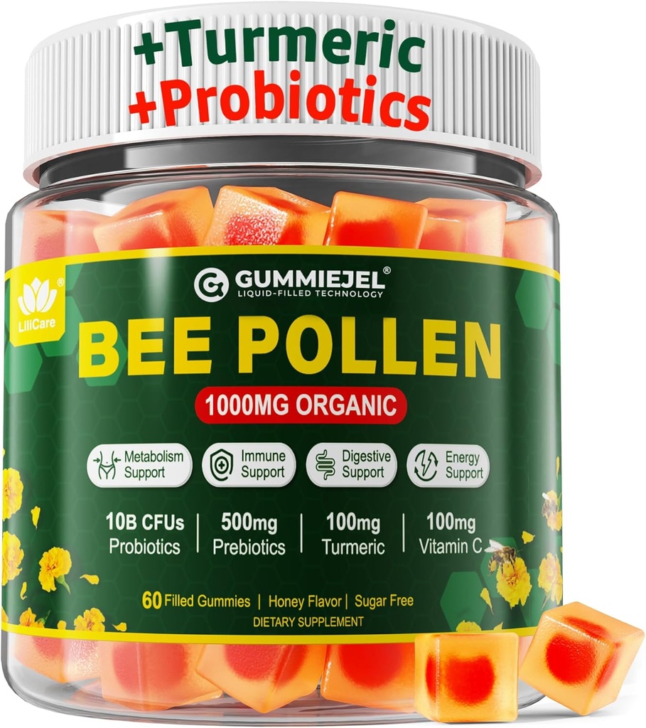 Digestive Health & Weight Bee Pollen Organic 1000mg, w/Probiotics, Prebiotics & Turmeric, Bee Pollen Gummies Rich in B-Vitamin, Antioxidants, Amino Acids, for Digestive, Weight & Energy