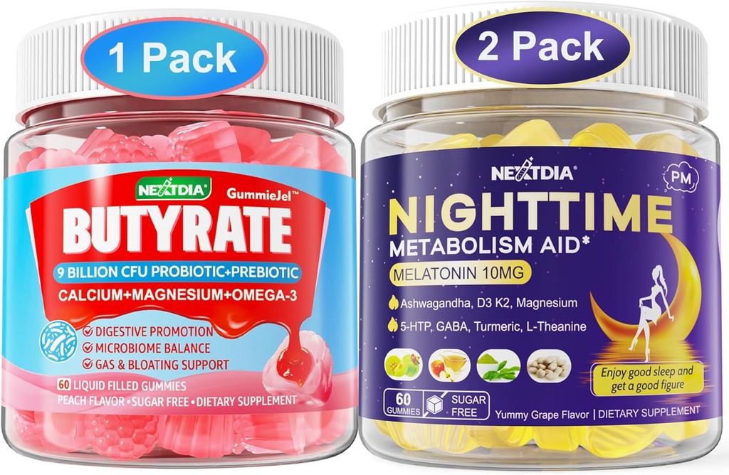 Bundle: Gummies de Butyrate avec Probiotique + Prébiotique + Postbiotique et Melatonine 10mg 20mg Métabolisme nocturne Gummies de sommeil