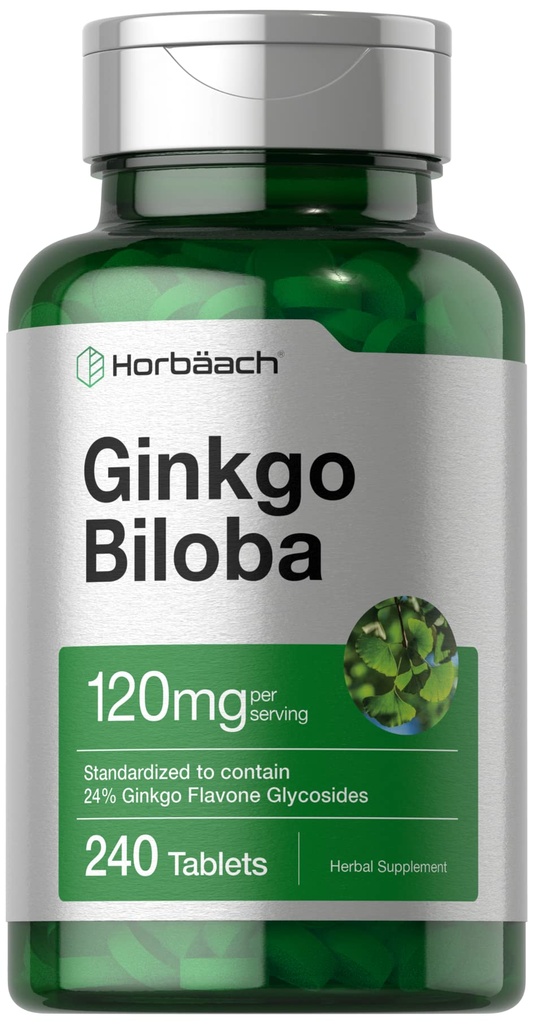 Horbäach Ginkgo Biloba Supplément de 120mg de 240 comprimés d'extraits de plantes standardisés de flavone Glycosides de flavone