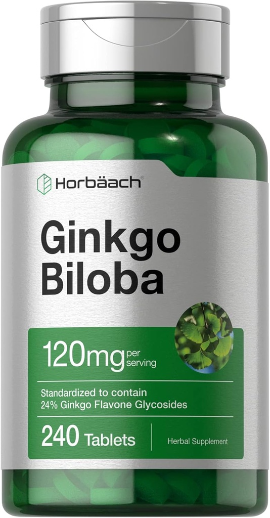 Horbäach Ginkgo Biloba Supplément de 120mg de 240 comprimés d'extraits de plantes standardisés de flavone Glycosides de flavone