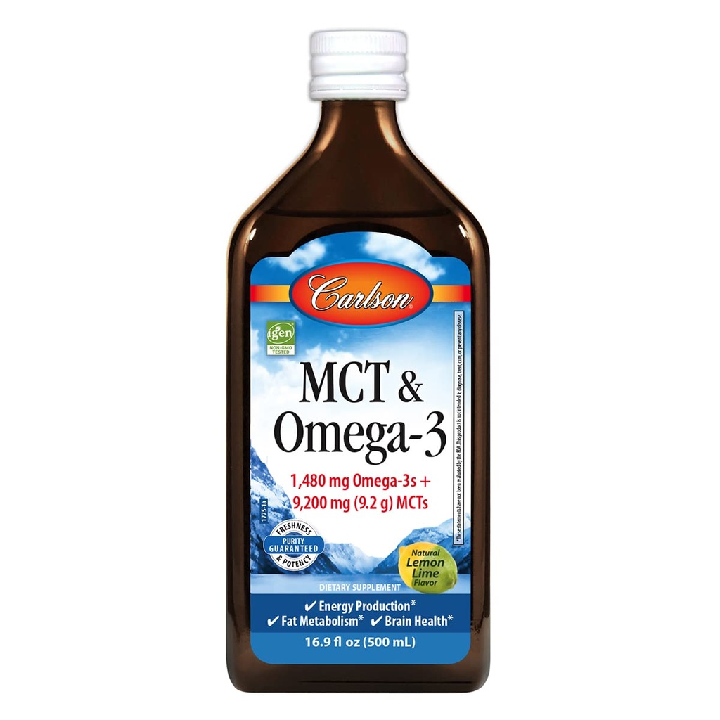 Carlson - MCT & Omega-3, 1480 mg Omega-3s, 9200 mg MCTs, acide céto-friendly, acide caprylique et capric, production d'énergie, métabolisme des graisses, citron-lime, 500 mL (16,9 Fl Oz)