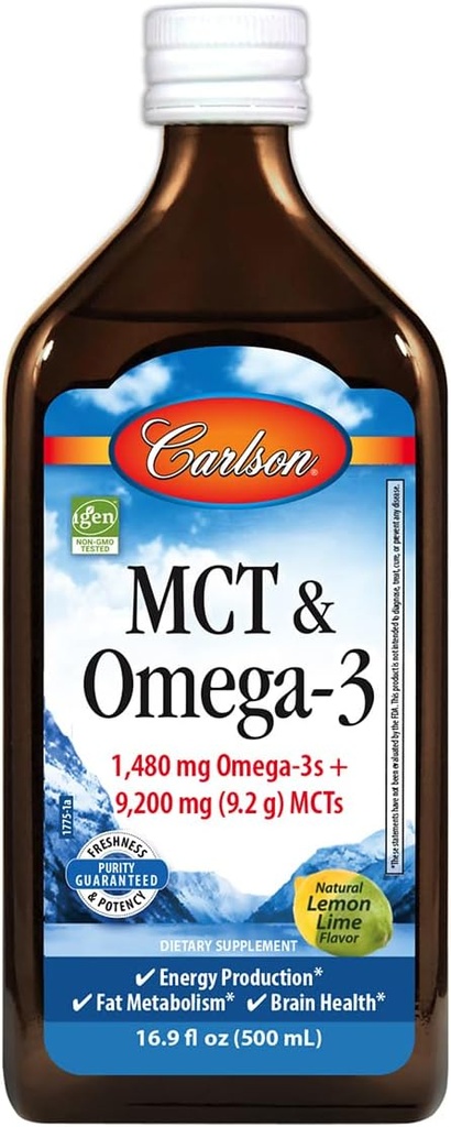 Carlson - MCT & Omega-3, 1480 mg Omega-3s, 9200 mg MCTs, acide céto-friendly, acide caprylique et capric, production d'énergie, métabolisme des graisses, citron-lime, 500 mL (16,9 Fl Oz)