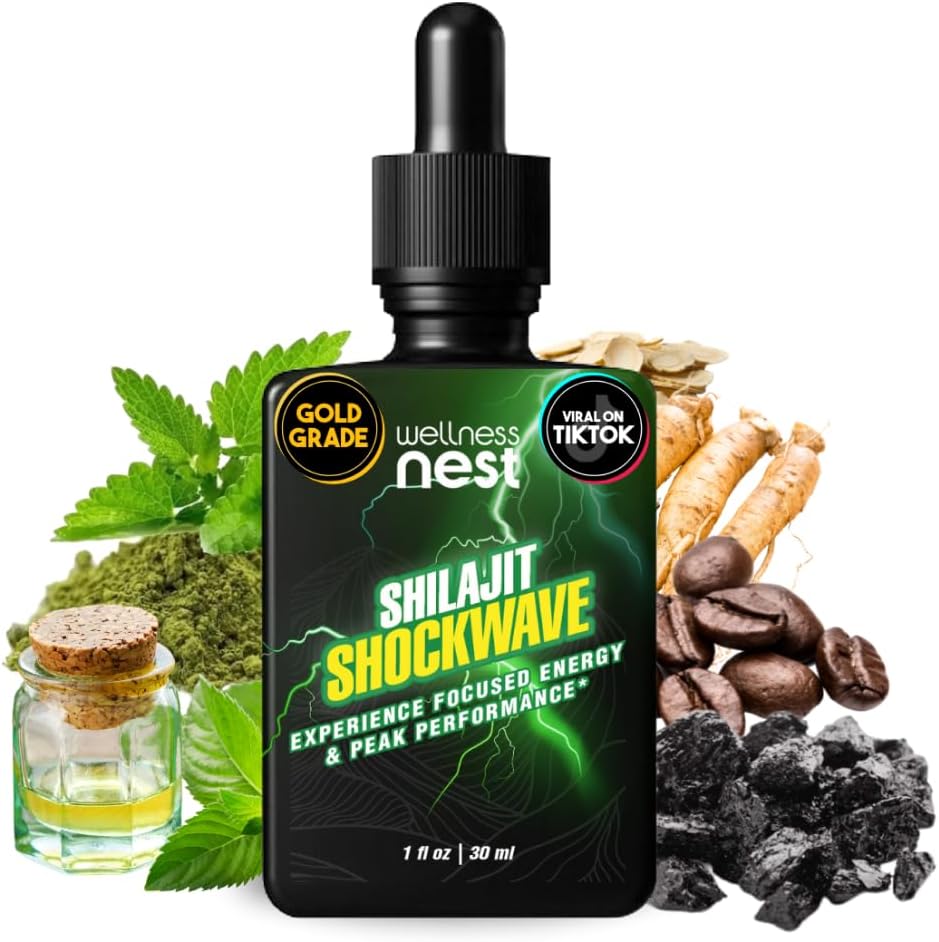 Wellness Nest Shilajit Shockwave gouttes: gouttes d'énergie, gouttes de focus - Himalayan pur Shilajit avec Tulsi naturel, Panax Ginseng, Peppermint, Japanmint Supercharge Votre journée - 30 portions