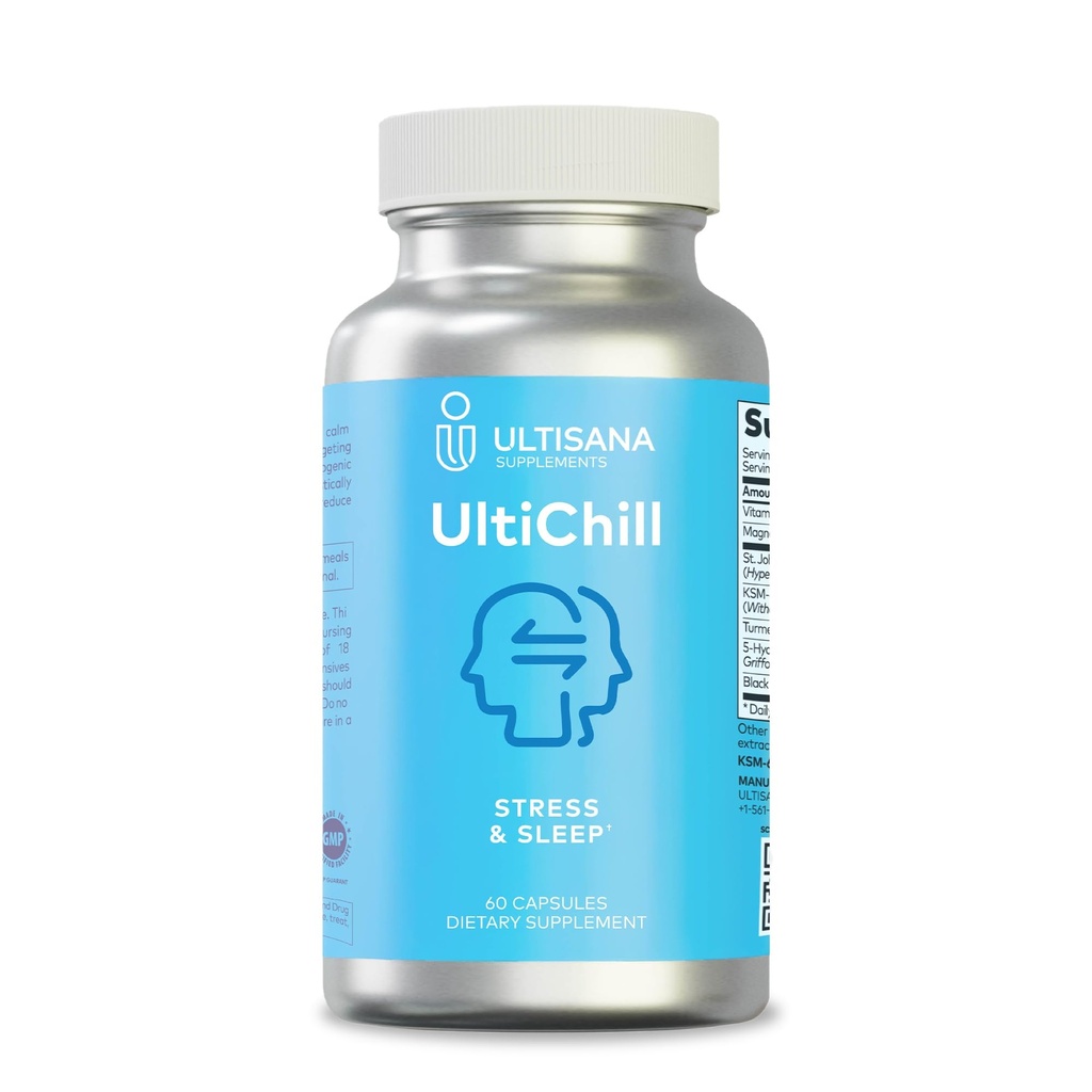 UltiChill Stress Relief Supplement Supports Calm, Relaxation & Mood | Sleep Support w/Magnesium Glycinate, Vitamin B6, KSM-66 Ashwagandha, Turmeric & 5-HTP | 60 Capsules