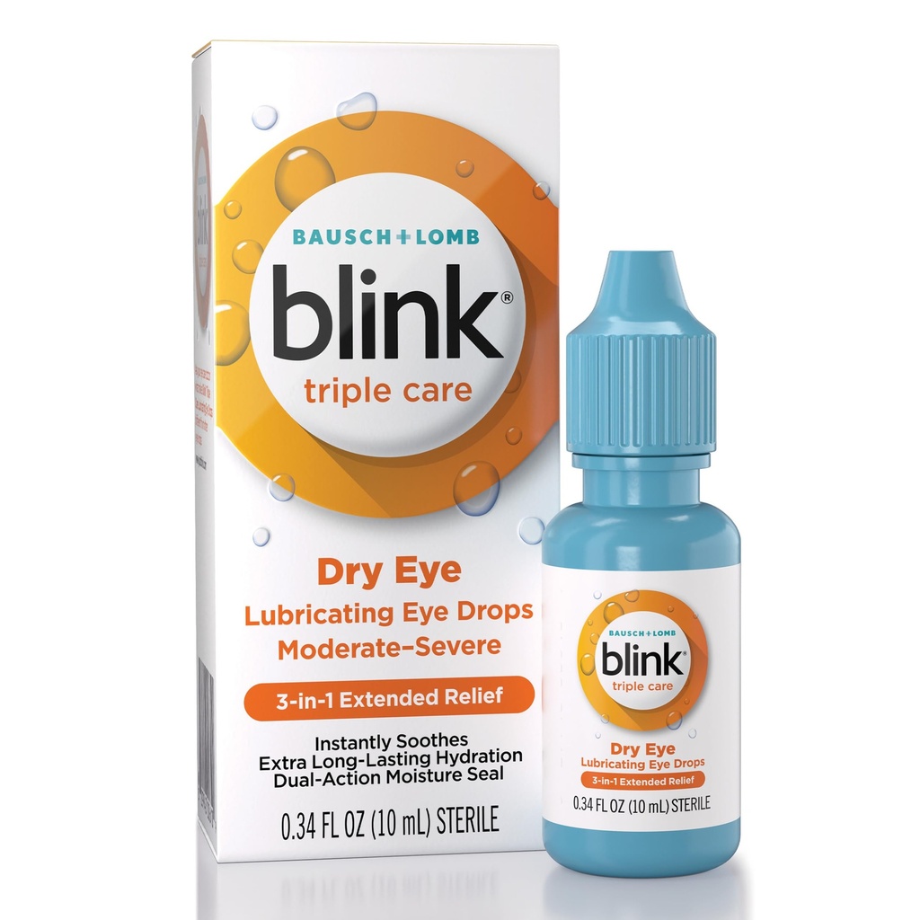 BLINK triple soin gouttes oculaires pour les yeux secs, gouttes oculaires lubrifiantes, apaisant pour les yeux secs modérés à sévères, avec Hyaluronate, réduit le malaise, l'hydratation longue durée, 0,34 Fl Oz
