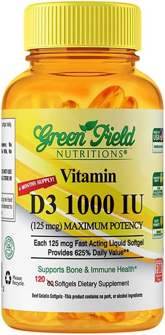 Greenfield Nutritions Halal Vitamine D3 Softgel - High Potency Vitamine D3 1000 UI (125 mcg), 120 Mini Softgels Non aromatisés - Halal Boeuf Gélatine D 3 Vitamines, soutient la teeth à os immune Cerveau et cheveux
