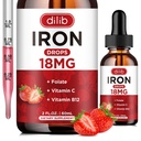 Supplément en fer liquide pour les femmes et les hommes Des suppléments en fer pour l'anémie avec folate, vitamine C, B12 pour le soutien des globules rouges-Strawberry, 2 Fl Oz
