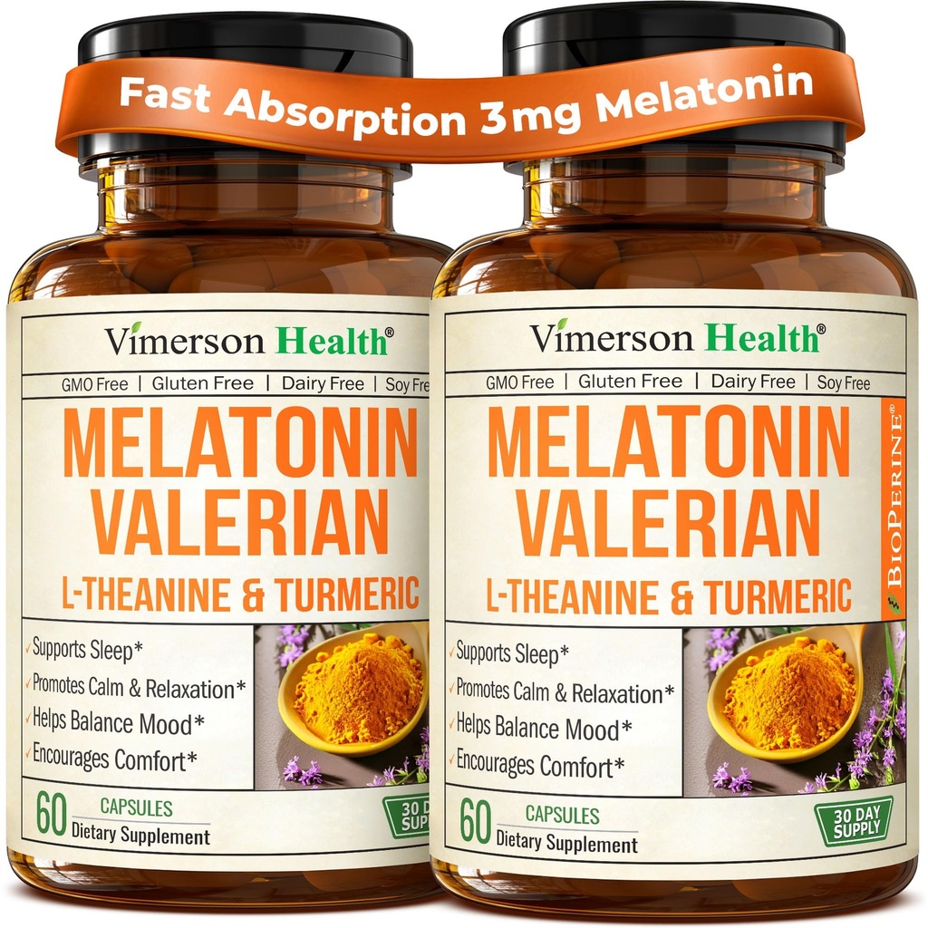 Melatonine aide au sommeil avec racine L Theanine & Valerian – supplément curcumin curcumin curcumin curcumin curcumin curcumin avec gingembre et poivre noir – L-Theanine & Melatonine 3mg pour le sommeil, le calme et le stress – 2 Pack