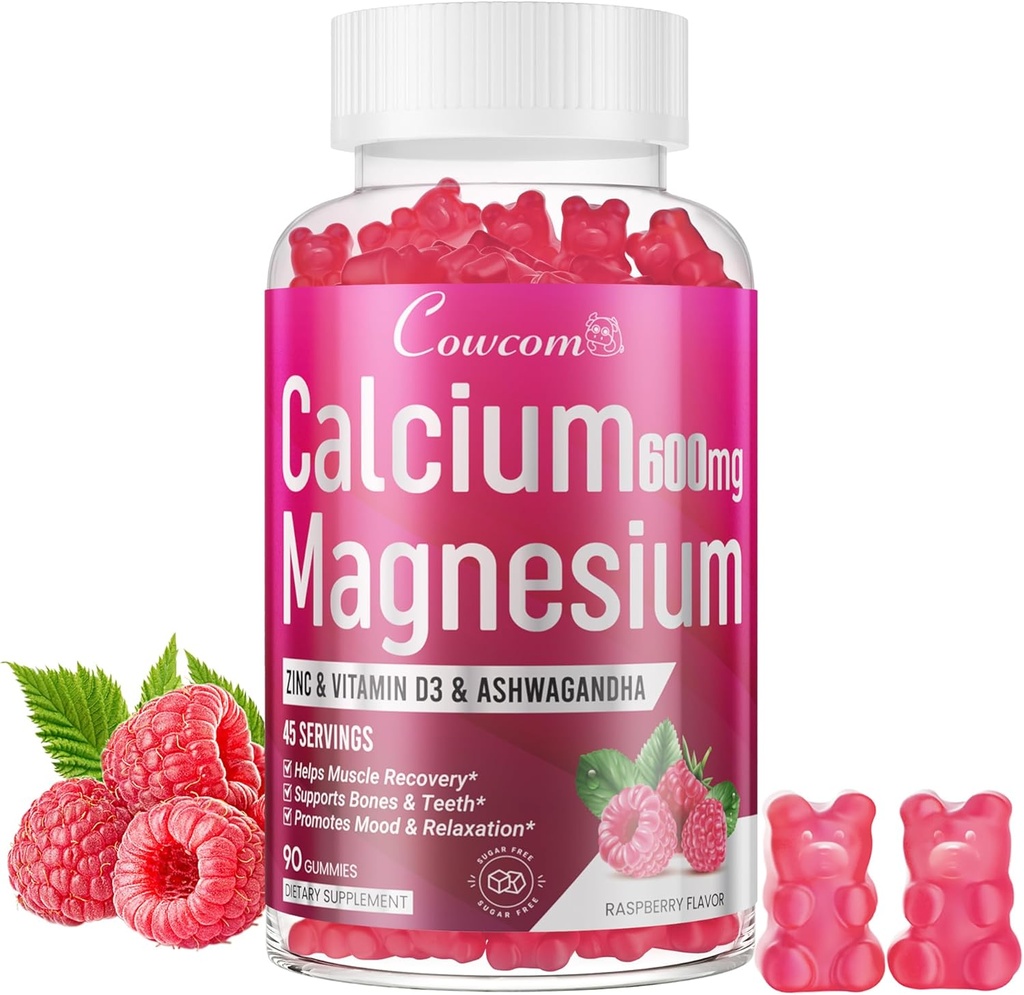 Calcium Magnésium Zinc Gummies & Vitamine D3,B6,B12,Immune & Soutien Bone Health Supplément de calcium Magnésium pour les femmes hommes, sans sucre végétalien framboise parfum 90 comtes