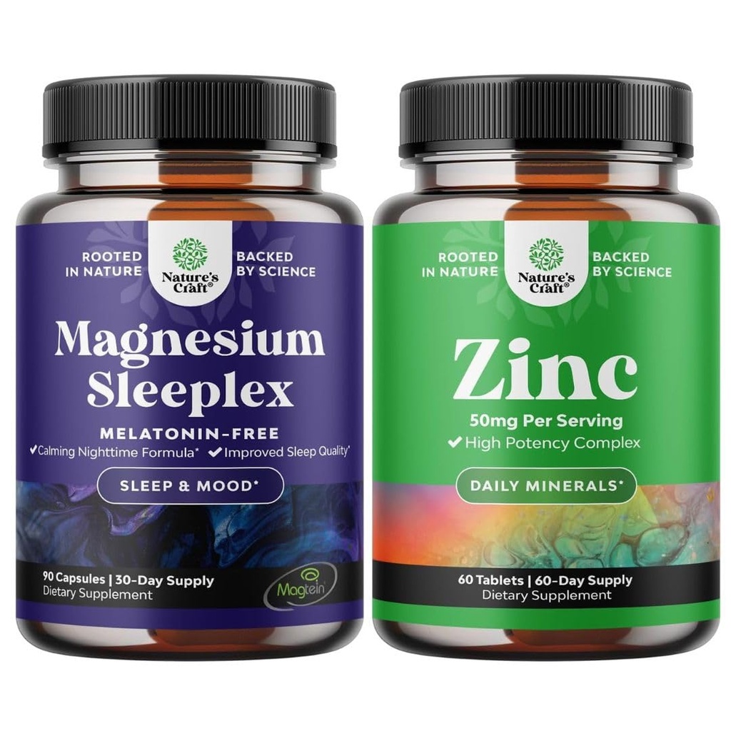 Ensemble de supplément de sommeil Magnésium haute absorption - Magnésium calme sans mélatonine pour le sommeil et le zinc 50mg Immune Support - Supplément complexe de zinc pour système immunitaire
