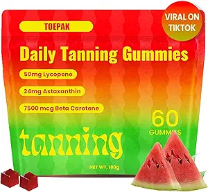 60 Pcs Gommies de bronzage naturels, Astaxanthin 24mg Lycopène 50mg Plus Beta Carotène 7500 mcg, Meilleurs suppléments d'astaxanthin pour la santé de la peau & Glow, Non-OGM, Arôme de pastèque aigre