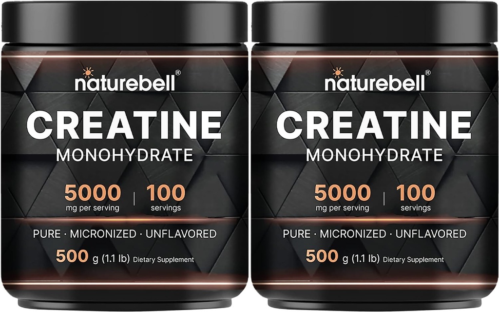 NatureBell 2 Pack Poudre monohydratée de créatine 500g, 5 000mg par portions Micronisée, pure et non aromatisée.