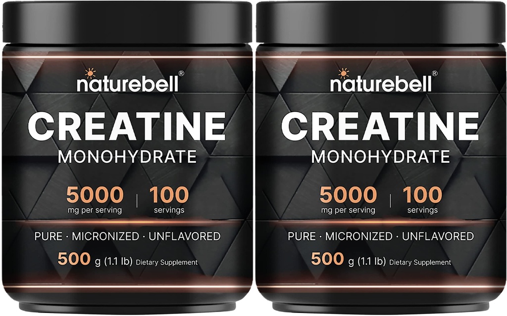 NatureBell 2 Pack Poudre monohydratée de créatine 500g, 5 000mg par portions Micronisée, pure et non aromatisée.