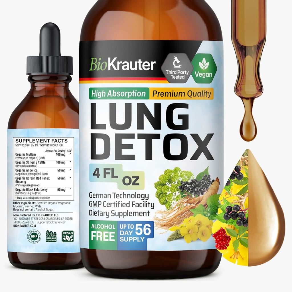 BIO KRAUTER gouttes de désintoxication pulmonaire - Pur Vegan Lung Cleanse Liquid Form 4 Fl.Oz 56 jours d'approvisionnement - Mélange Mullein, Elderberry, Sting Nettle, Ginseng & Angelica Extraits - Support respiratoire