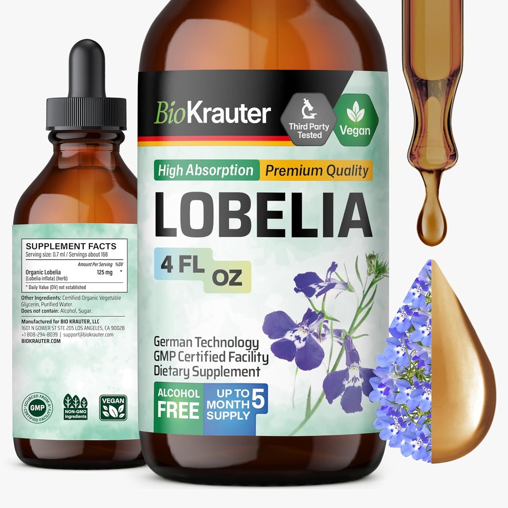 BIO KRAUTER Teinture de lobelia pour nettoyage pulmonaire et désintoxication - Extrait liquide de lobelia végétal pur - 4 Fl.Oz 168 jours d'approvisionnement - Supplément de soutien respiratoire - Sans alcool et sans sucre, sans OGM