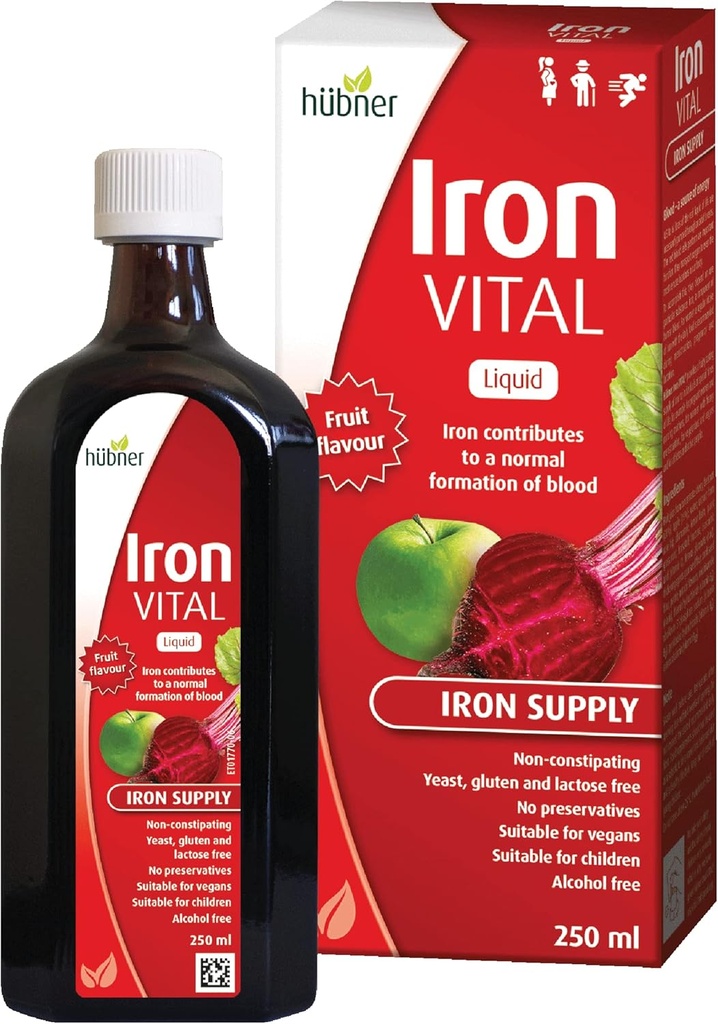 Hübner Iron Vital Liquid Iron Supply Plus Vitamine C, supplément alimentaire pour adultes et enfants, végétalien et sans gluten, saveur de fruits, 250 ml bouteille, 25 portions