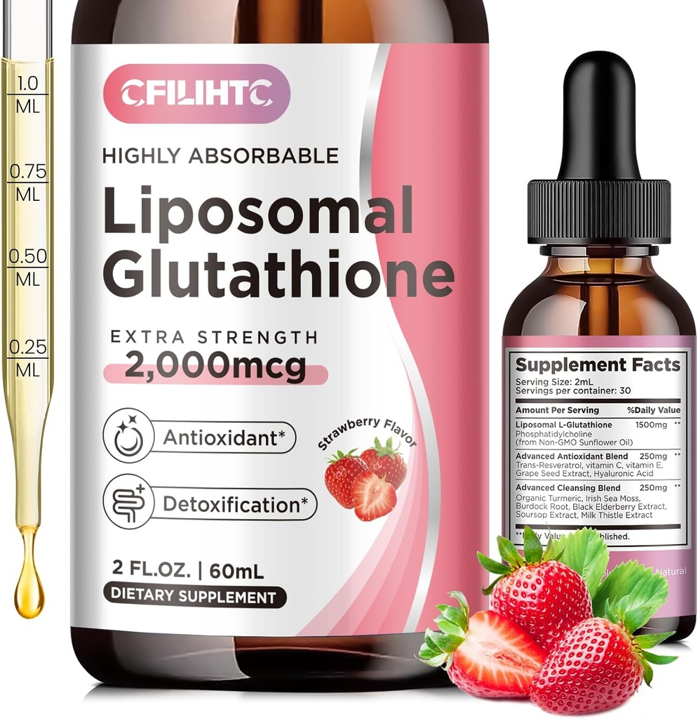 Glutathion liposomique gouttes liquides, supplément liquide de Glutathion, forme active L- Glutathion, avec vitamine C, détox hépatique, antioxydant pour anti-âge, immunosélection et nettoyage, saveur de fraise, 2 FL.OZ
