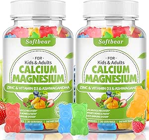 softbear Gommies de zinc de magnésium de calcium pour les femmes, supplément de magnésium de calcium avec vitamine D3 pour la force osseuse, végétalien, sans sucre, saveur de fruits mélangés 60 Comte