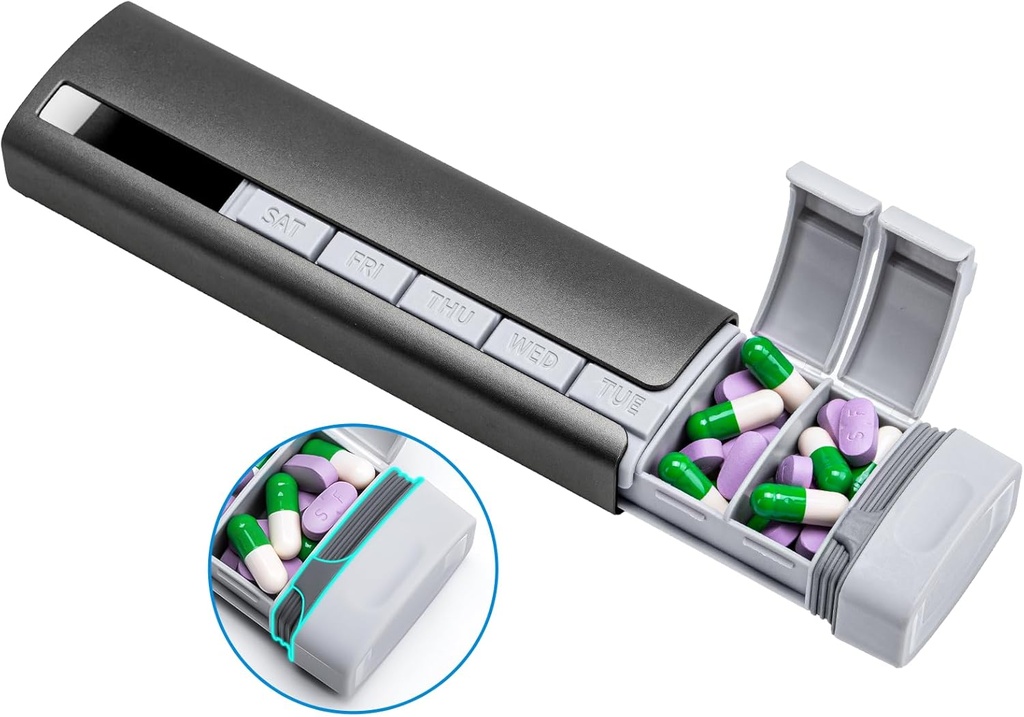Organisateur de pilules de voyage en métal daviky, boîte à pilules en aluminium premium de 7 jours, étui quotidien hebdomadaire à pilules, porte-pilule élégant et mignon pour médicaments, suppléments et vitamines (Gray)