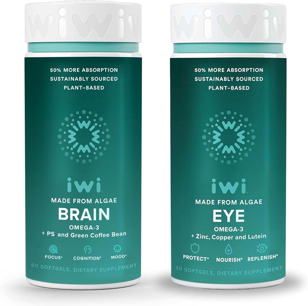 Iwi Life Cerveau et yeux Omega-3 Bundle, 30 portions, Algae Omega 3 à base végétale végétalienne avec EPA + DHA, Krill & Fish Oil Alternative, Aucun arrière-goût de poisson