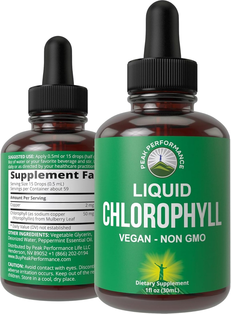 Chlorophyll Liquid Drops - Ultra High Purity, Alcohol Free, Non-GMO, Gluten Free Liquid Chlorophyll Drops Supplement. Take With Water. Internal Deodorant + Skin Care, Immune, and Digestive Support