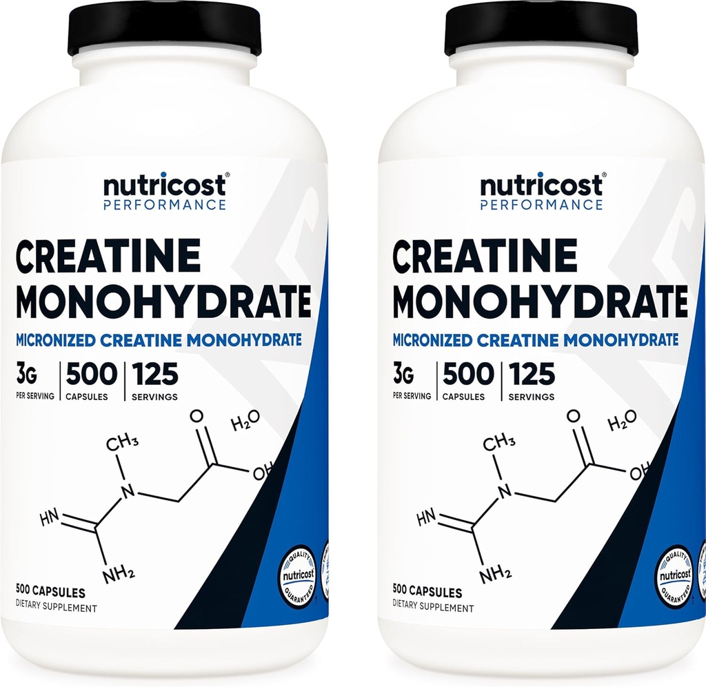 Nutricost Creatine Monohydrate 3000mg Portion, (750mg par gélule), 500 Capsules (2 bouteilles)