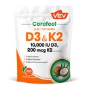 VEV Corefeel Vitamine D3 K2, 10 000 UI D3, 200mcg K2 (avec MK7), soutient la santé des os et des dents, double soutien nutritionnel pour le bien-être quotidien, facile à avaler – 300 capsules