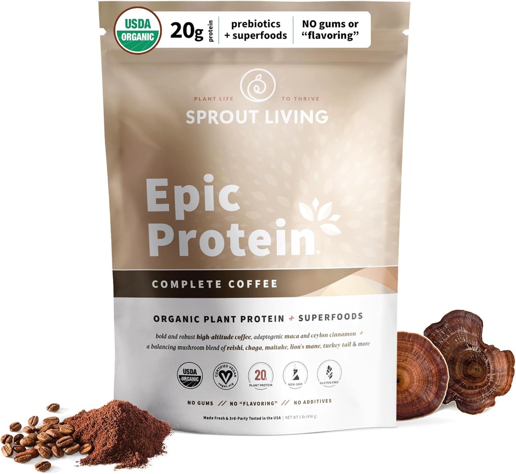 Sprout Living, Protéines épiques, Protéines végétales et Superfoods Poudre, Café Complet de 20 grammes Poudre de protéines organiques, Adaptogènes, Champignons, Vegan, Non-OGM, Sans gluten (1 livre, 12 portions)