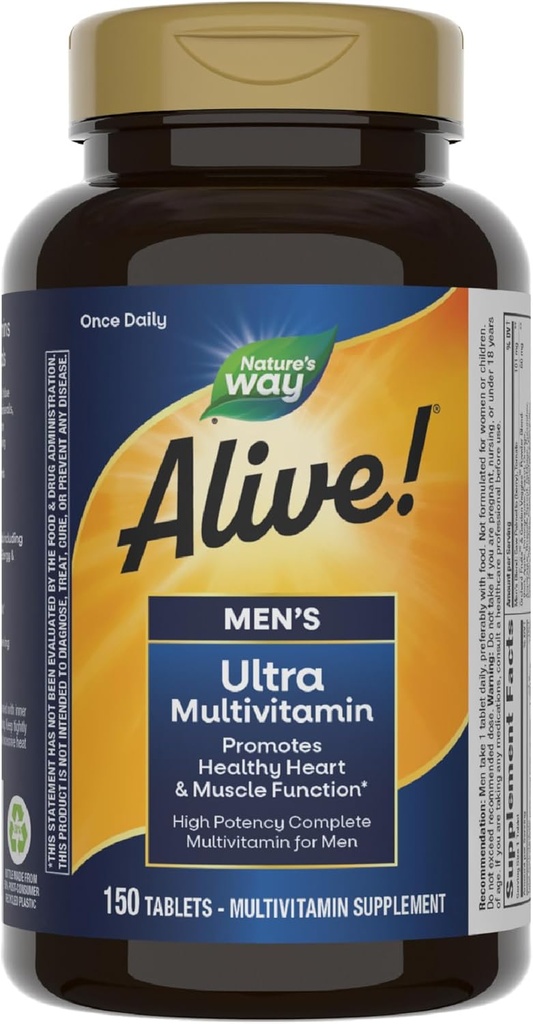 La nature est vivante ! Ultra-multivitamine quotidienne pour hommes, formule à haute puissance, favorise la fonction cardiaque et musculaire*, avec vitamine méthylée B12, sans gluten, 150 comprimés