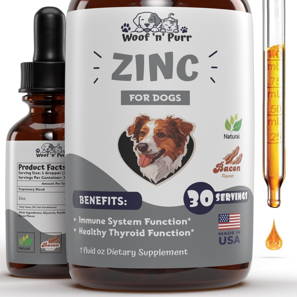 Zinc pour chiens - Supplément de Zinc pour chiens - Aide à soutenir la santé de la peau, du manteau, de la santé immunitaire et plus - Zinc pour chiens - Supplément de peau et de manteau pour chiens - Supplément de peau et de manteau pour chiens - 1 fl oz - Bacon Flavor