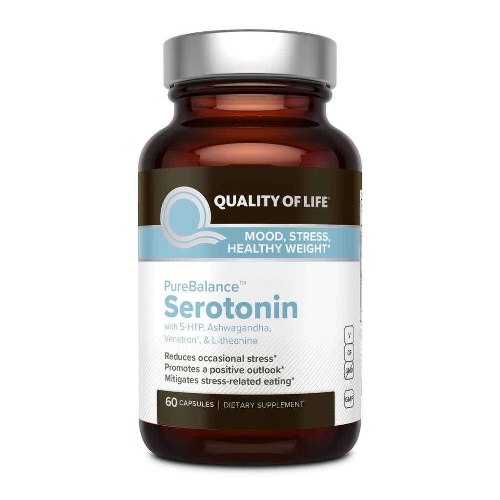 Qualité de vie Balance pure Sérotonine Premium–Aide à stimuler les niveaux de sérotonine et de cortisol - Comprend 5-HTP, Vénétron, Sensoril, Vitamine D3 & L-Theanine–60 Capsules