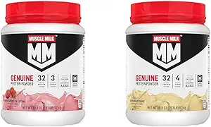Muscle Milk Genuine Protein Powder Bundle, Strawberries 'N Crème 1.93 Pounds 12 Servings 32g Protein 3g Sugar and Banana Crème 1.93 Pounds 12 Servings 32g Protein 4g Sugar