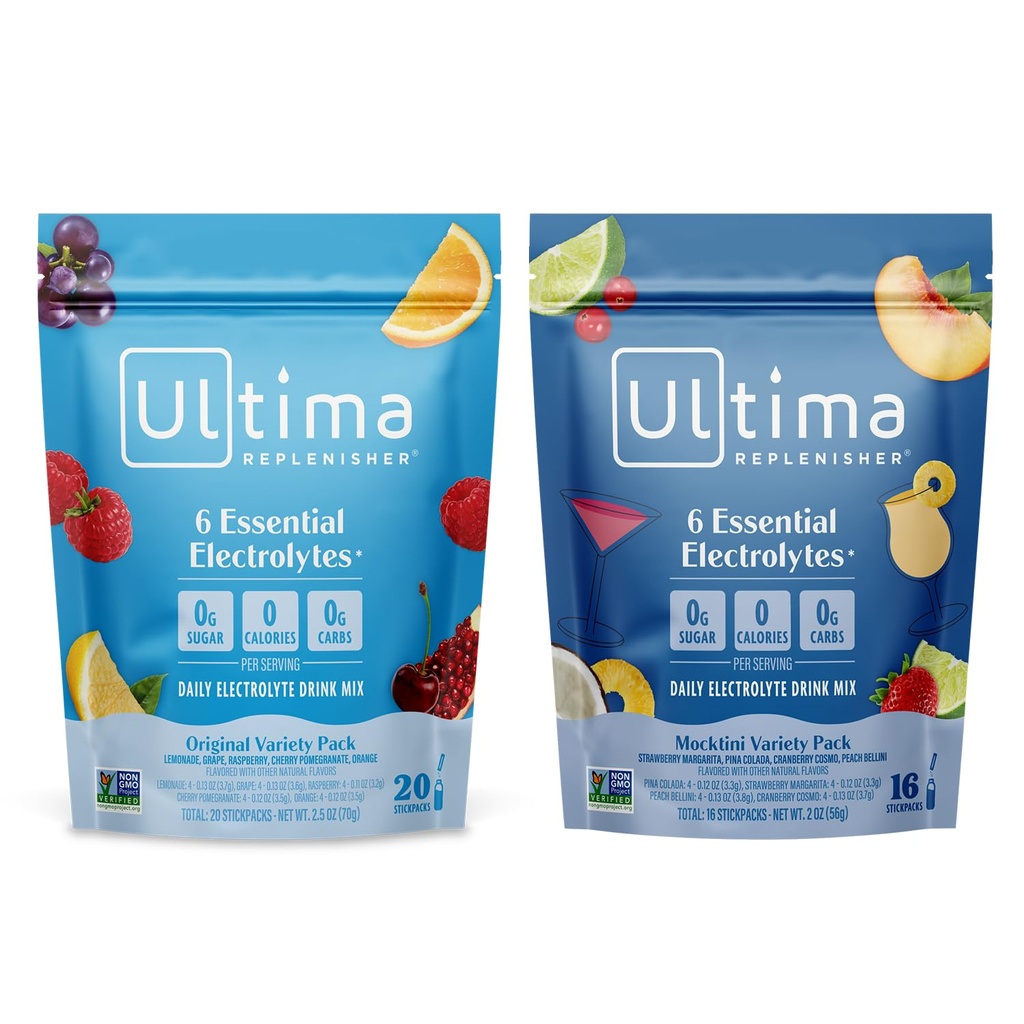 Ultima Replenisher Mélange quotidien de poudre d'électrolyte – Sans sucre – Variété de Mocktini et variété originale, 36 Stickpacks – Packs d'hydratation avec 6 électrolytes et minéraux – Keto, non-OGM