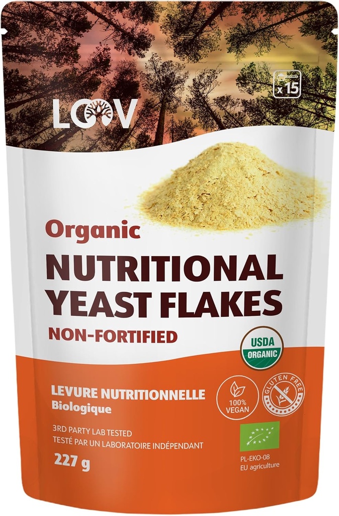 LOOV Organic Non-Fortified Foody Yeast Flakes - Vegan, sans gluten, sans OGM Nooch - Bonne source de B-Vitamines naturelles - Pas de sel ou de sucre ajouté - Sac refermable, 8 onces (227 grammes)