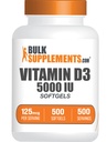 BulkSupplements.com Vitamine D3 5000IU Softgels - Cholecalciferol, Supplément D3, Vitamine D 5000 UI - 1 Vitamine D3 Softgel (125mcg de vitamine D) par portion, 500 Compte (paquet de 1)