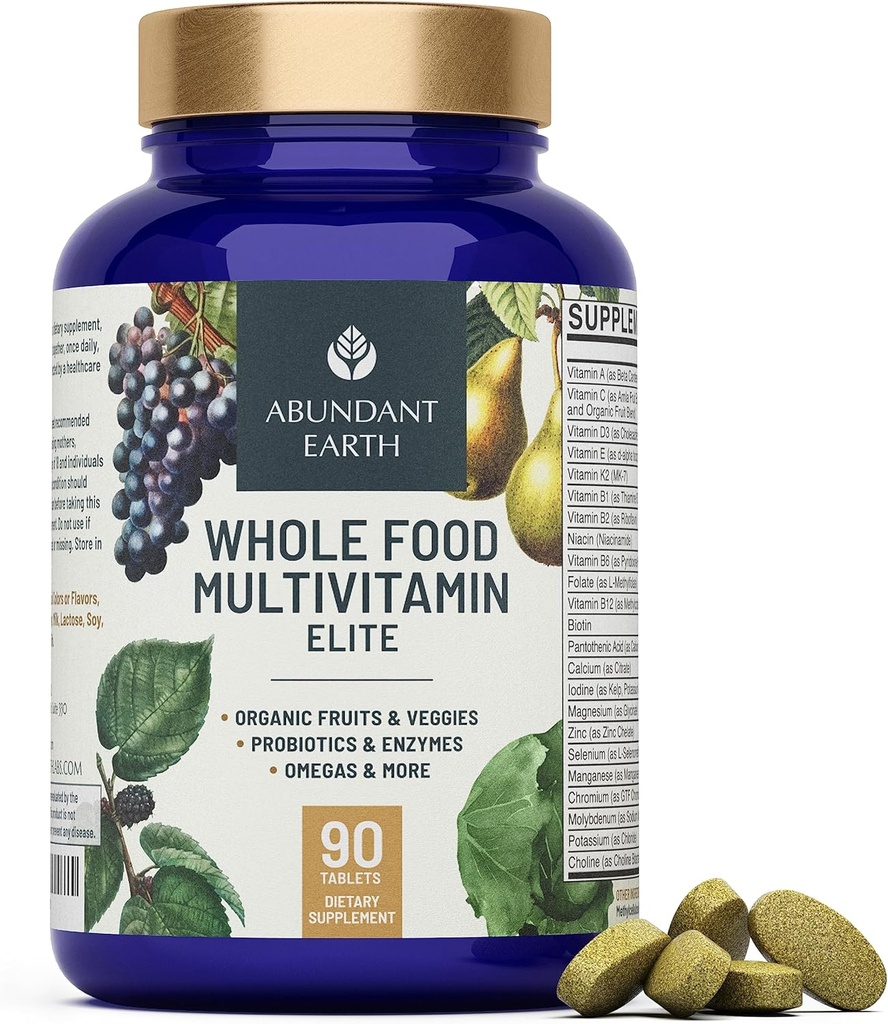 Abondante Terre Multivitamines alimentaires entières pour les femmes Suppléments quotidiens multivitamines pour les hommes Multivitamines + B Complexe, Multienzyme probiotique, Omégas pour l'énergie organique Digestion 90ct-4pk