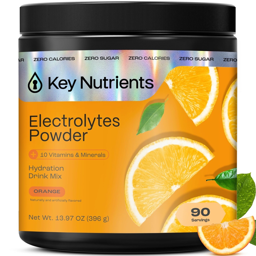 NUTRIENTS CLÉS Électrolytes Multivitamine Poudre Pas de Sucre - Poudre d'électrolyte Orange Tangy - Supplément Endurance & Energie - Poudre d'hydratation - Pas de Calories - 90 portions - Fabriqués aux États-Unis