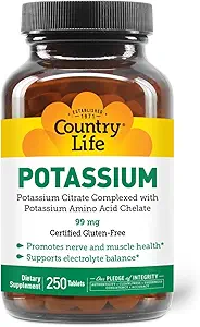 Pays Vie Potassium 99 mg Comprimés - Chélaté pour l'absorption améliorée, soutient la fonction neuromusculaire et l'équilibre électrolytique, certifié sans gluten, végétalien, casher, 250 comprimés
