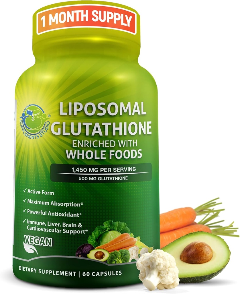 Glutathion liposomique 500mg - Forme active L Glutathion (réduit) pour absorption maximale - Fabriqué avec des aliments entiers biologiques - Maître Antioxydant et détoxifiant - Immune et soutien cardiovasculaire - 60 Compte