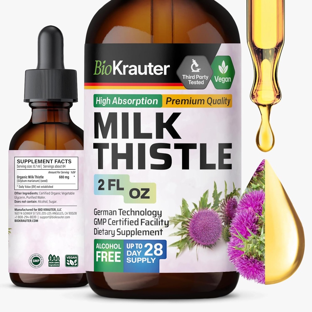 BIO KRAUTER Lait Thistle gouttes liquides - Lait Thistle Silymarin Supplément de soutien du foie - Teinture sans alcool et sans sucre pour nettoyer le foie Detox - 2 Fl. Oz.