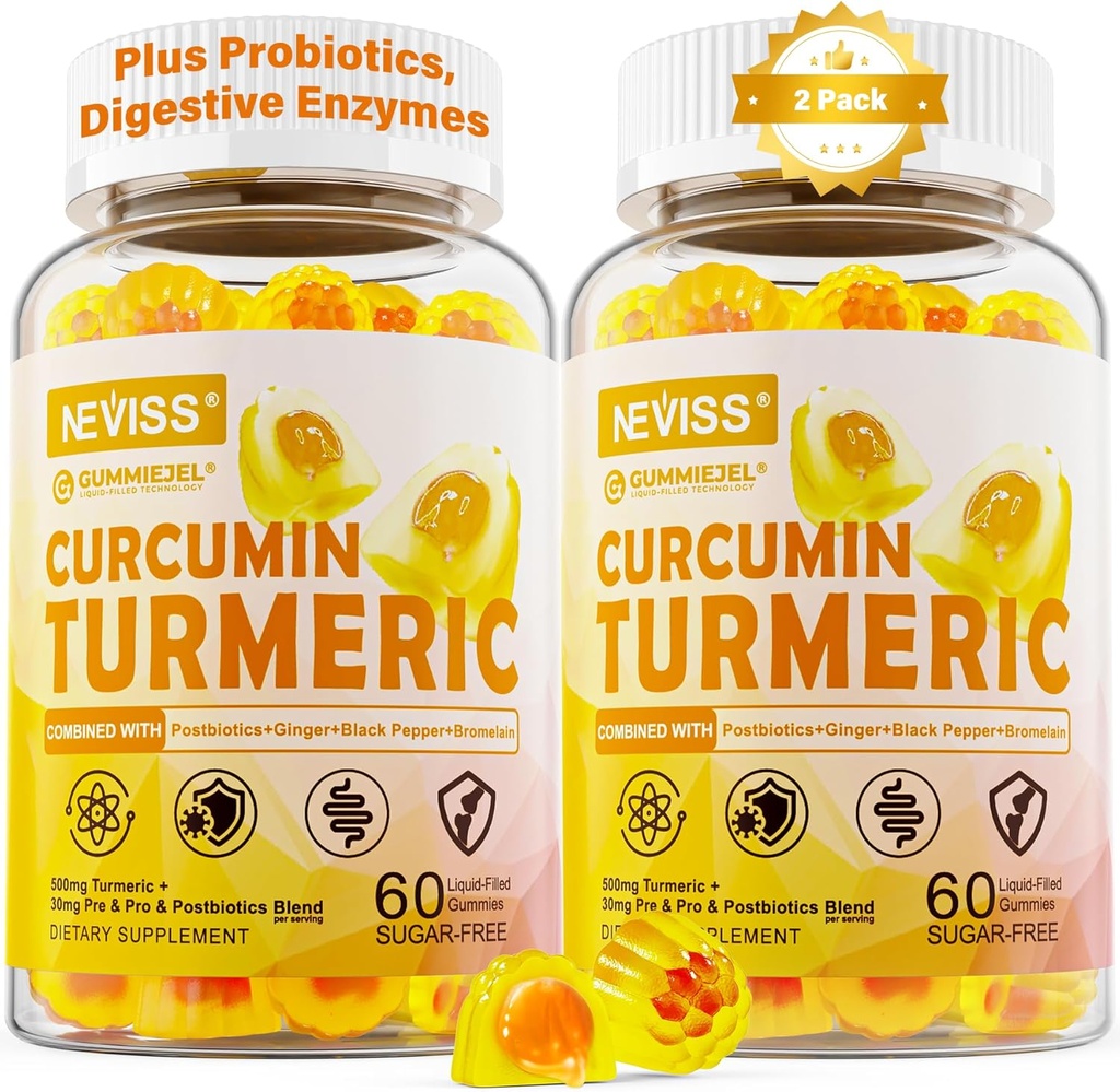 Sans sucre Curcumine curcuma rempli 550mg pour les adultes, le gingembre et le poivre noir. 95% Curcuminoides avec/prébiotique Probiotique et mélange postbiotique, soutien, immunitaire et santé digestive, végétalien, 2Pack