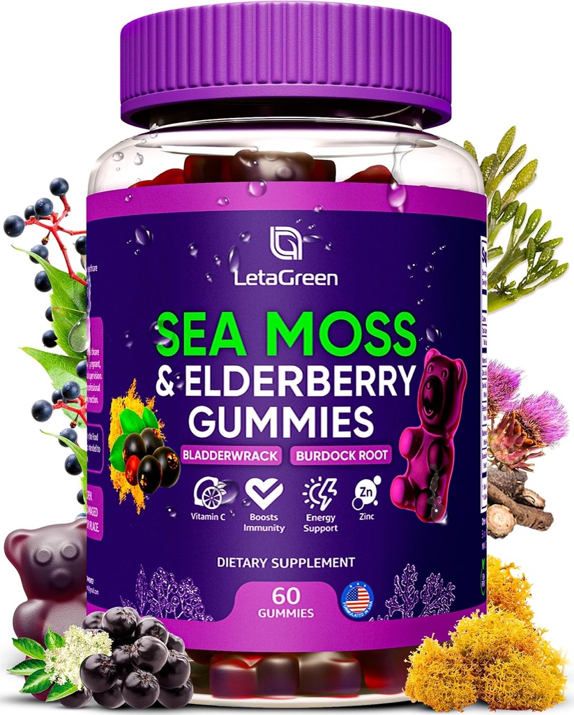 Gommies de mousse de mer d'Irlande – Bradderwrack root Elderberry Vitamine C & Zinc – 60 Seamoss végétaliens Ours gommy pour adultes Enfants Hommes Femmes – Vitamines multiminérales de Elderberry