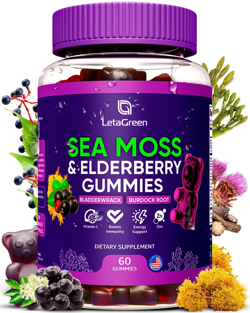 Gommies de mousse de mer d'Irlande – Bradderwrack root Elderberry Vitamine C & Zinc – 60 Seamoss végétaliens Ours gommy pour adultes Enfants Hommes Femmes – Vitamines multiminérales de Elderberry
