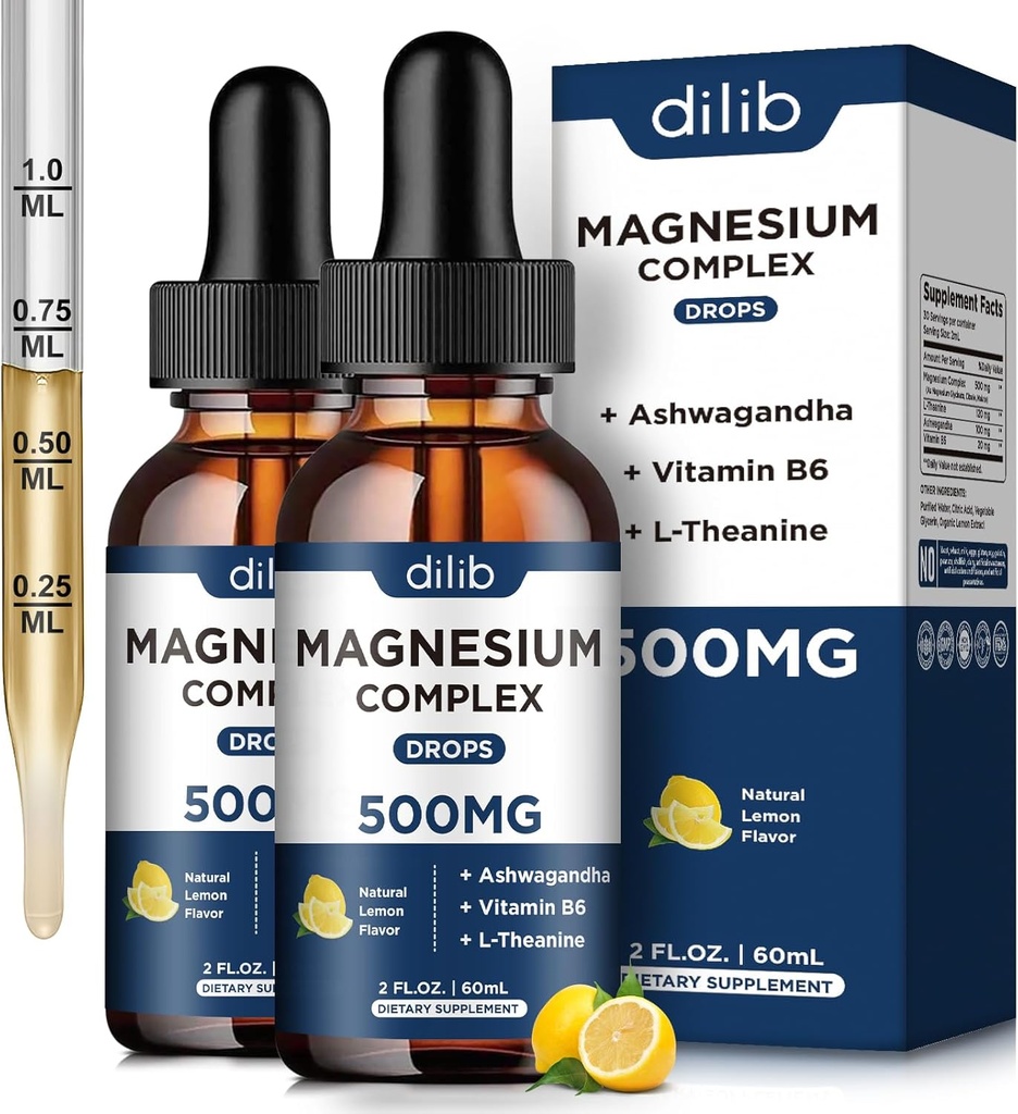 (2 pack) Glycinat de magnésium, Citrate, gouttes liquides de malate-Triple supplément complexe de magnésium 500mg avec Ashwagandha, L-Theanine, vitamine B6-support Calme, soulagement du stress, sommeil, Muscle-Lemon