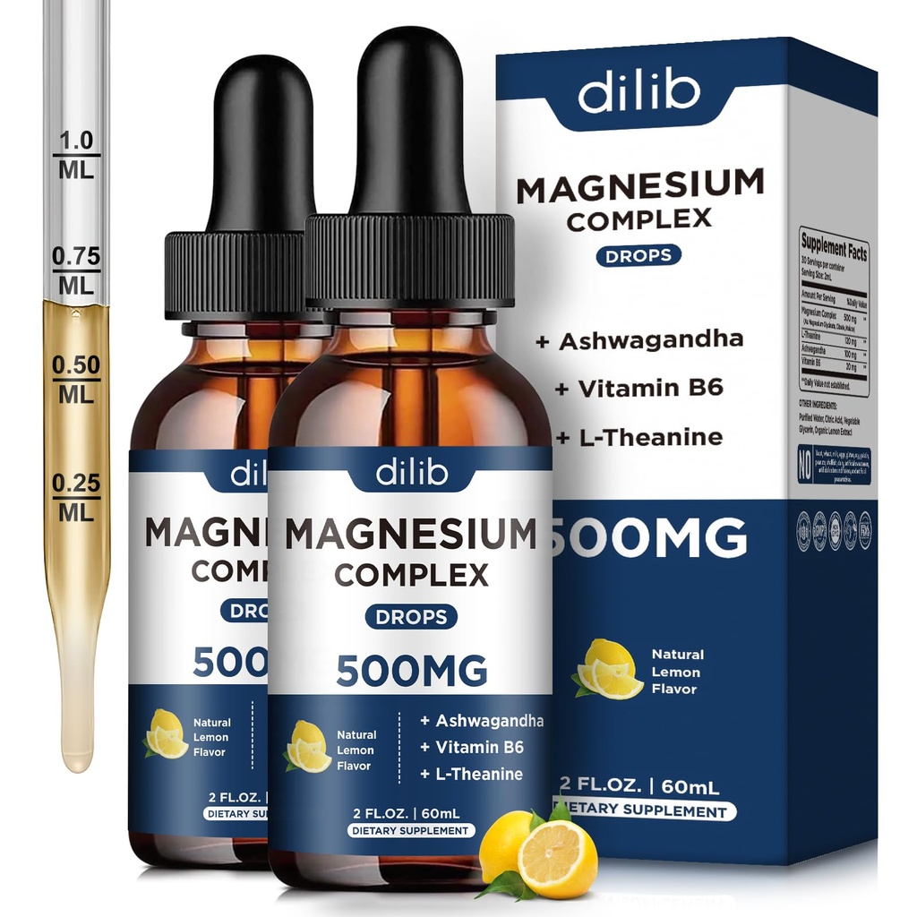 (2 pack) Glycinat de magnésium, Citrate, gouttes liquides de malate-Triple supplément complexe de magnésium 500mg avec Ashwagandha, L-Theanine, vitamine B6-support Calme, soulagement du stress, sommeil, Muscle-Lemon