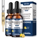 (2 pack) Glycinat de magnésium, Citrate, gouttes liquides de malate-Triple supplément complexe de magnésium 500mg avec Ashwagandha, L-Theanine, vitamine B6-support Calme, soulagement du stress, sommeil, Muscle-Lemon