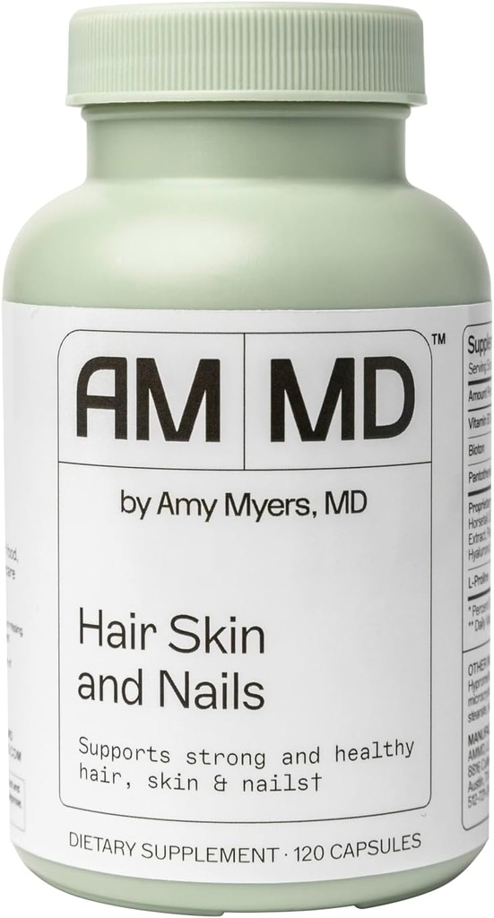 Amy Myers MD Peau et ongles capillaires - Supporte les cheveux forts, la peau radiante et les ongles sains - L-Proline, Cavalier, acide hyaluronique - Sans gluten - 120 capsules (30 portions)