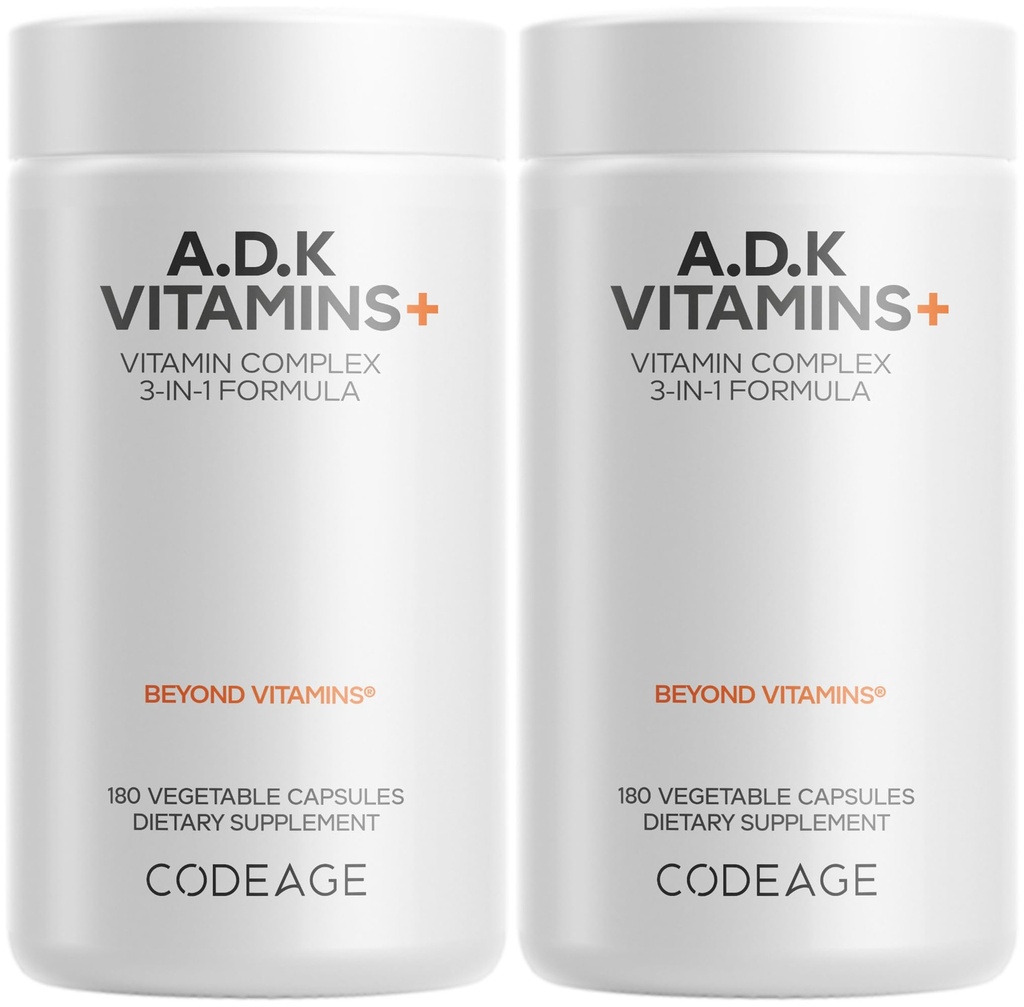 Supplément de vitamine ADK de codage - Vitamine essentielle A, D3 5000 UI, K1 et K2 (MK4 et MK7) - 6 mois - 1 capsule par portion, non-OGM, sans gluten - 2-paquet